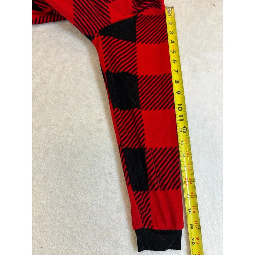 Cat & Jack Boys Red Black Buffalo Plaid Fleece Hooded‎ One Piece Pajamas Size 12